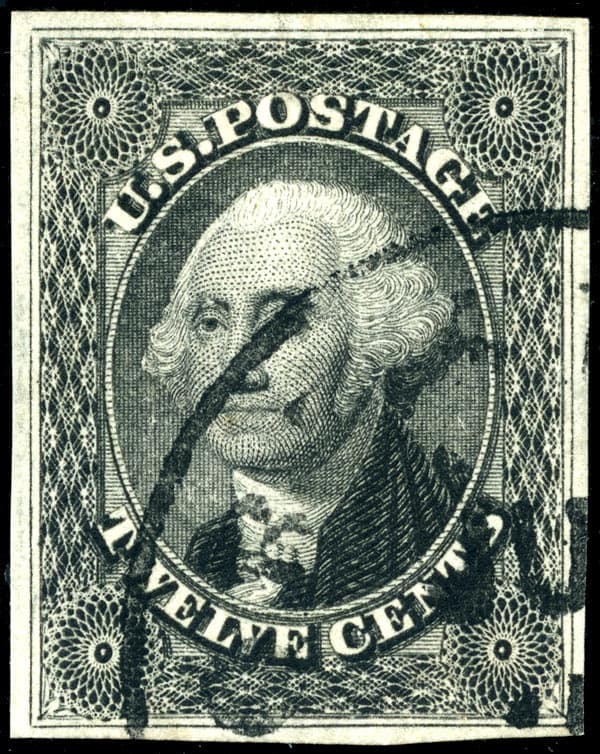 The 1851 12c gray black Washington, imperforate (Scott 17) - an example of the issue.