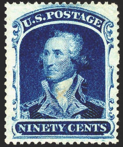 The 1860 90c blue Washington (Scott 39), pictured unused - an example of the issue; the constituent prices a genuine used example.
