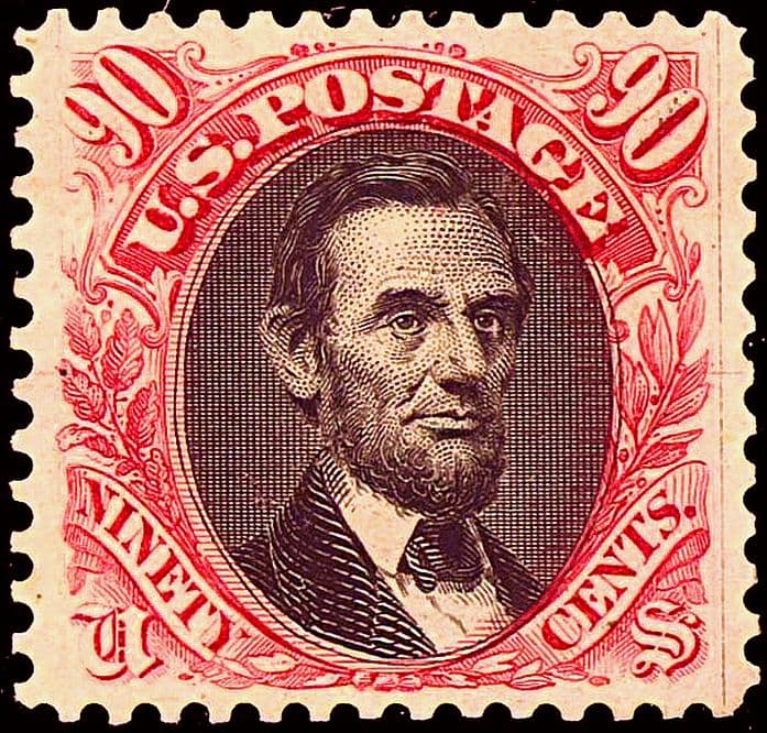 The 1869 Pictorial 90c carmine & black Lincoln (Scott 122) - an example of the stamp; the unique 'Ice House' cover named by this constituent is not pictured.