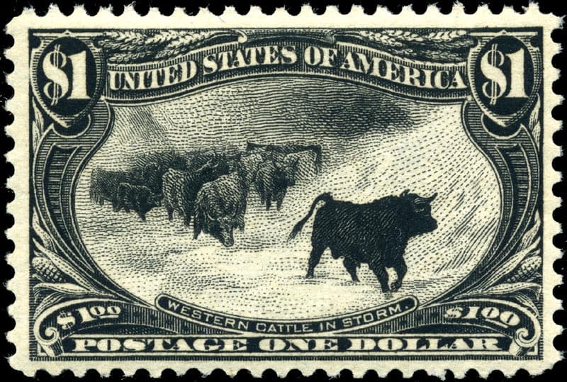 The 1898 Trans-Mississippi $1 black 'Western Cattle in a Storm' (Scott 292) - an example of the issue.