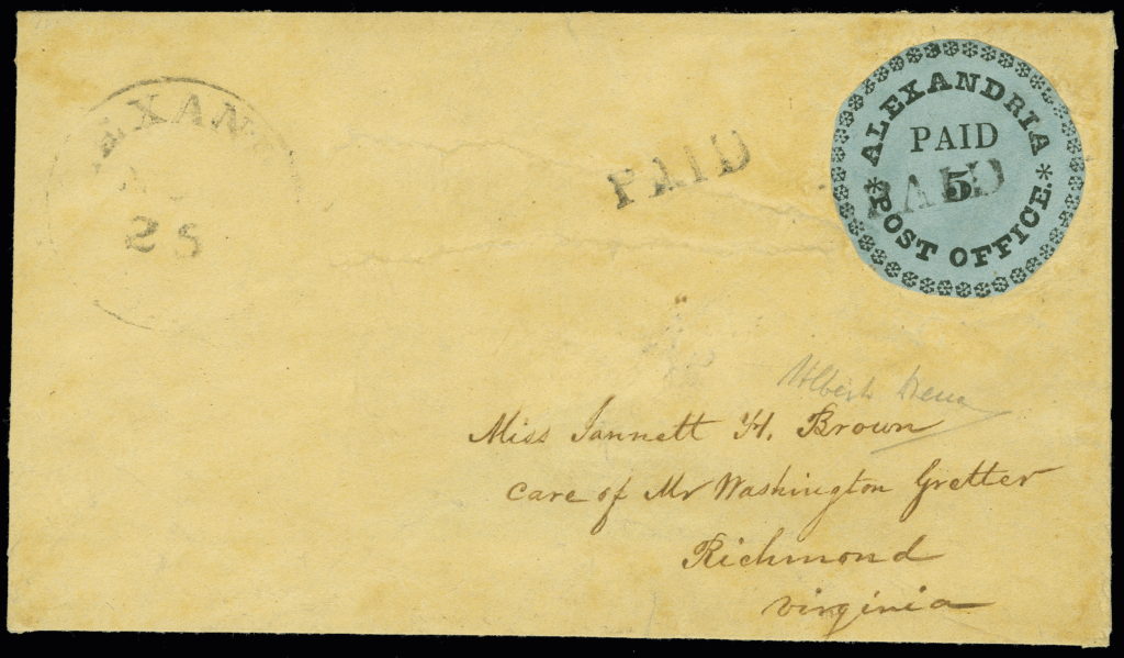 The Alexandria 'Blue Boy' itself - the only known 1847 Alexandria postmaster's provisional on blue paper, on its cover to Jannett Hooff Brown. This is the pictured object priced by this constituent.
