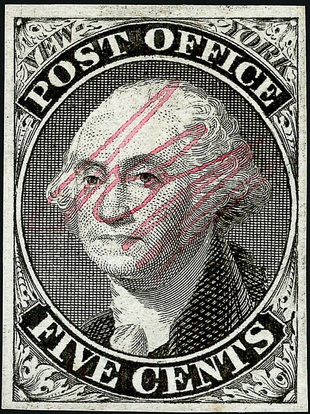 The 1845 New York postmaster's provisional 5c black Washington - an example of the most-used postmaster provisional; the 'ACM' initials of the priced variety are not verified on this copy.