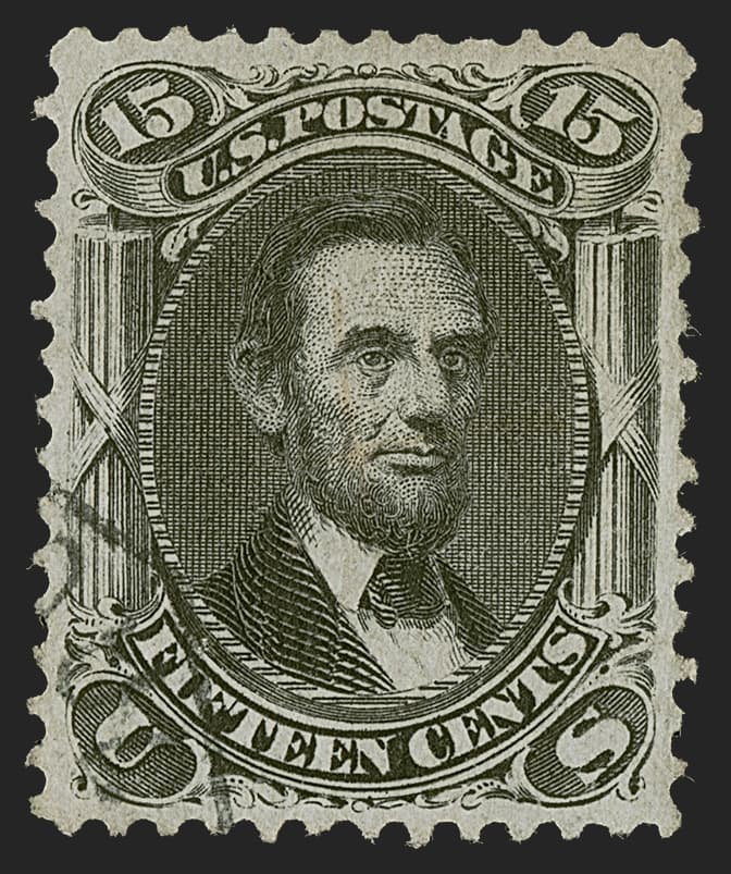 The used 1868 US 15c black Lincoln Z Grill (Scott 85F) held in a private collection - one of only two known examples of the denomination. The Z grill impression is on the back and not visible in this front view.