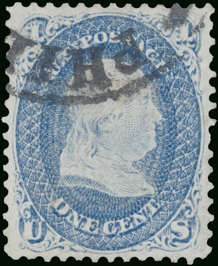 The 1868 US 1c blue Franklin Z Grill (Scott 85A) from the William H. Gross collection - the privately held example of the two known, the very stamp whose June 2024 sale prices this constituent (the other copy is in the New York Public Library).