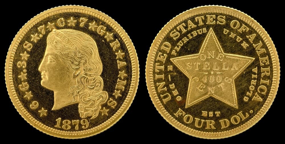 1879 Flowing Hair Stella four-dollar gold pattern, obverse and reverse — the Smithsonian's example of the same issue; the tracked Judd-1635 PCGS PR66 Cameo CAC specimen is a different coin