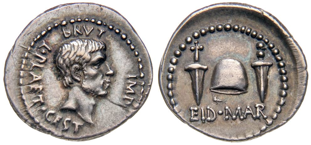 EID MAR silver denarius of Brutus, obverse portrait and reverse with pileus between two daggers above EID MAR — the Berlin Münzkabinett's example of the same issue; the tracked NGC Mint State specimen is a different coin