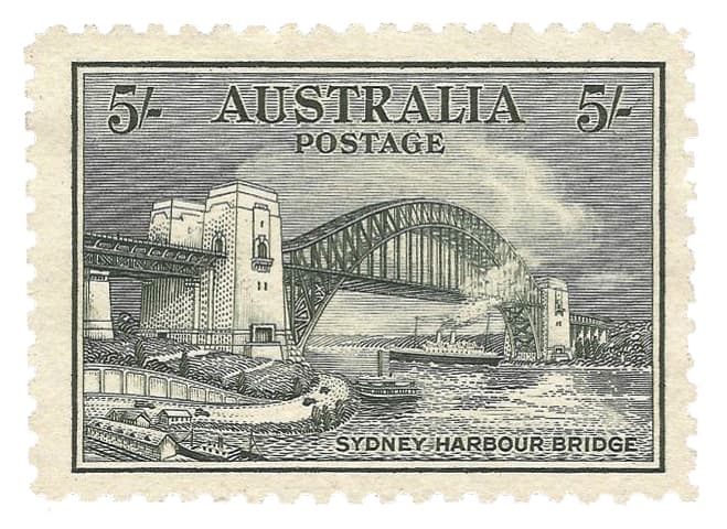 The 1932 Australia 5/- blue-green Sydney Harbour Bridge (SG 143) - the top value of the commemorative set this constituent prices.