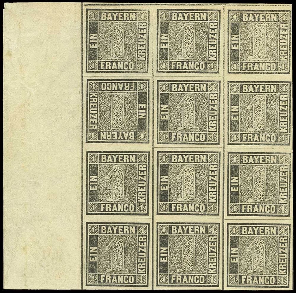 A mint marginal block of twelve of Bavaria's 1849 1-kreuzer black 'Schwarzer Einser' containing an inverted (tete-beche) cliche - sold for EUR 320,000 per the source; the record first-day cover named by this constituent is not pictured.