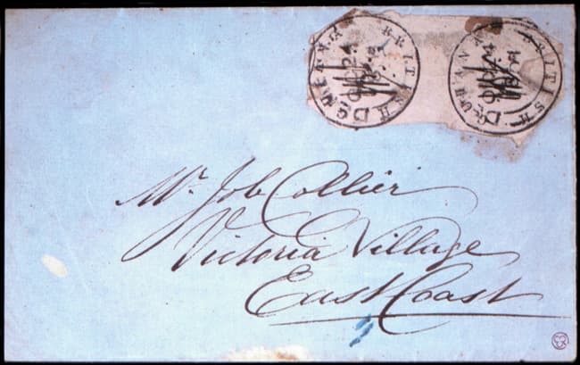 An 1851 British Guiana 2c rose 'Cottonreel' pair on cover, ex-Ferrary, now in the Royal Philatelic Collection - another example of the issue, not the 'Weill' vertical pair cut square that prices this constituent.