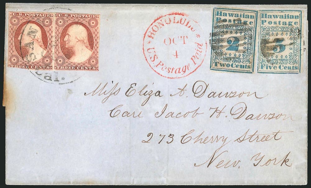 The Dawson Cover itself - the unique 1852 cover to Miss Eliza A. Dawson, New York, bearing the only known Hawaiian 2c Missionary on cover alongside a 5c Missionary and a pair of US 3c stamps, with the red Honolulu 'U.S. Postage Paid' datestamp.