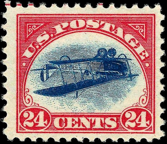 An unused example of the 1918 US 24c Inverted Jenny airmail error (Scott C3a). Plate position is not identified on Commons - this is an example of the issue, not established as Position 49, the specimen whose 2023 sale prices this constituent.