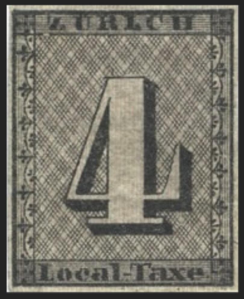 The 1843 'Zurich 4' cantonal 4-rappen (Zumstein 1) - an example of the issue, not the unique rosette-handstamp cover that prices this constituent.