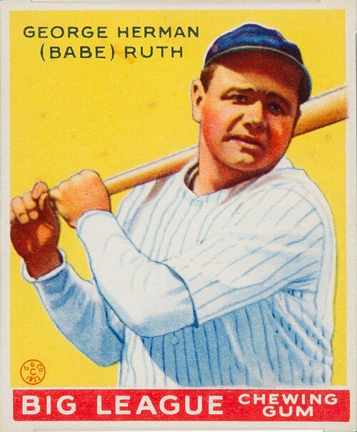 1933 Goudey #53 Babe Ruth card: a yellow-background color portrait of Ruth in Yankees pinstripes with a bat over his shoulder, captioned George Herman (Babe) Ruth above the red Big League Chewing Gum footer
