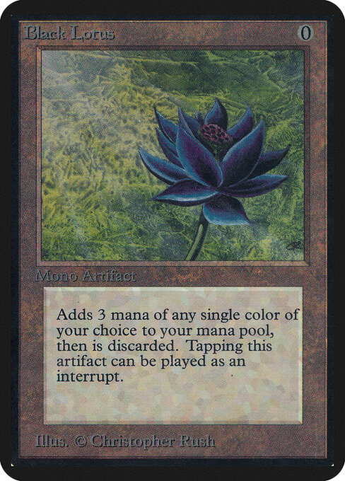Alpha Black Lotus card: Christopher Rush's black lotus flower on a green ground inside the rounded-corner Alpha frame, with the Mono Artifact type line and the original 1993 rules text