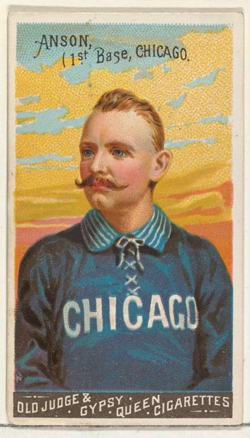 An 1888 Goodwin Champions tobacco card of Cap Anson, first base, Chicago, from the Metropolitan Museum of Art. It illustrates the category and is not a priced item.