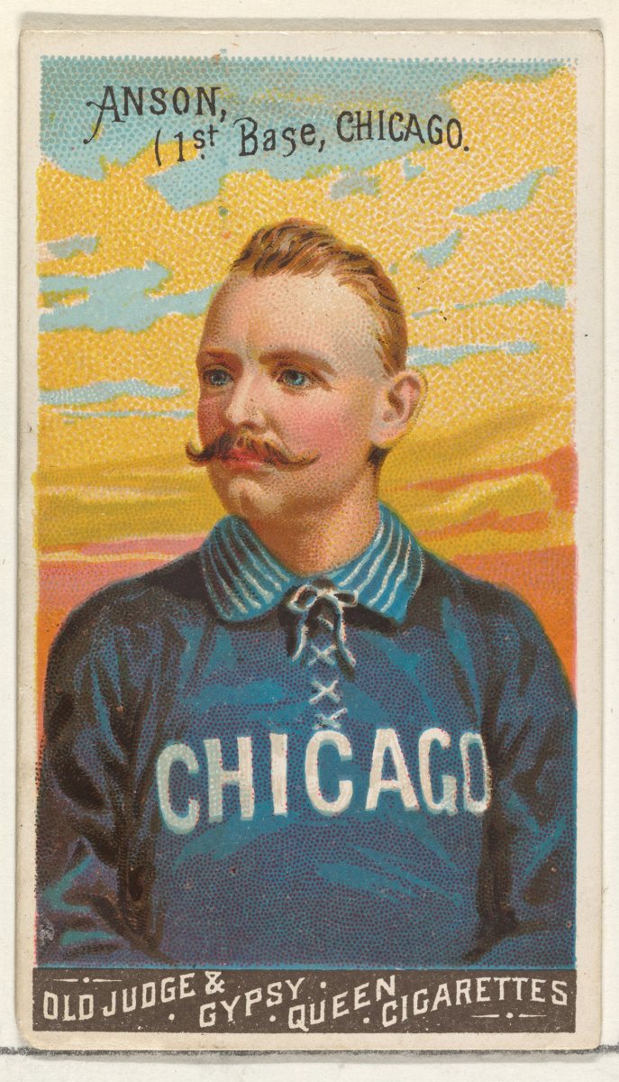 An 1888 Goodwin Champions tobacco card of Cap Anson, first base, Chicago, from the Metropolitan Museum of Art. It illustrates the category and is not a priced item.