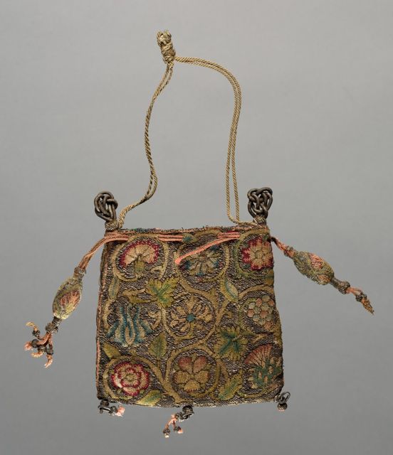 An embroidered purse with a braided cord, made in the early 1600s, from the Cleveland Museum of Art. It illustrates the category and is not a priced item.