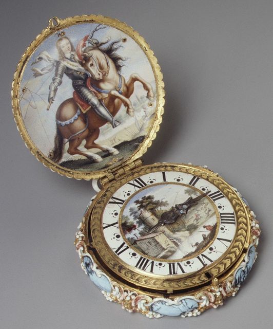 A gold and painted-enamel watch made about 1645 by Jacques Goullons, open to show its dial, from the Metropolitan Museum of Art. It illustrates the category and is not a priced item.