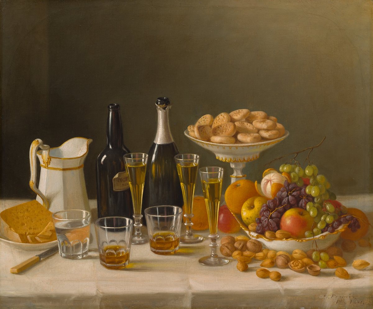 Wine, Cheese, and Fruit, an 1857 still-life painting of bottles, filled glasses and fruit on a table, from the Art Institute of Chicago. It illustrates the category and is not a priced item.