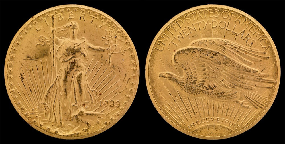 The Smithsonian Institution's National Numismatic Collection specimen of the 1933 Saint-Gaudens double eagle, obverse and reverse. The FLOAT constituent is priced on the Weitzman specimen; this is the Smithsonian's example of the same issue.