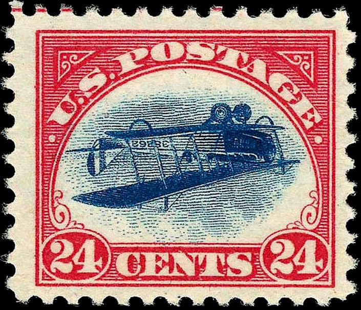 An unused example of the 1918 US 24c Inverted Jenny airmail error (Scott C3a). Plate position is not identified on Commons - this is an example of the issue, not established as Position 49, the specimen whose 2023 sale prices this constituent.